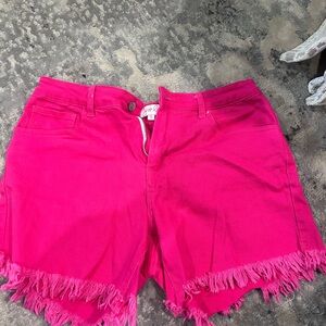 Hot Pink Frayed Hem Jean Shorts